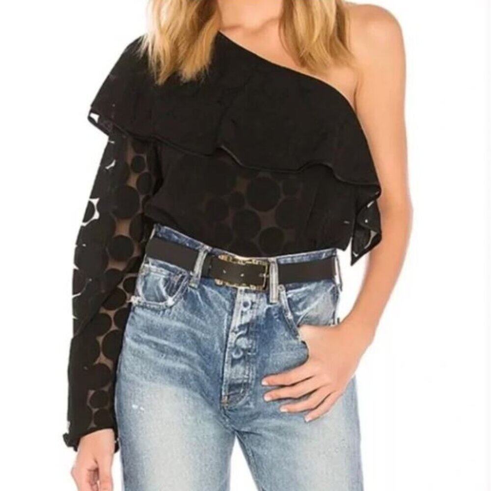 New DVF Diane von Furstenberg One-Shoulder Ruffle Top Black Asymmetrical Blouse